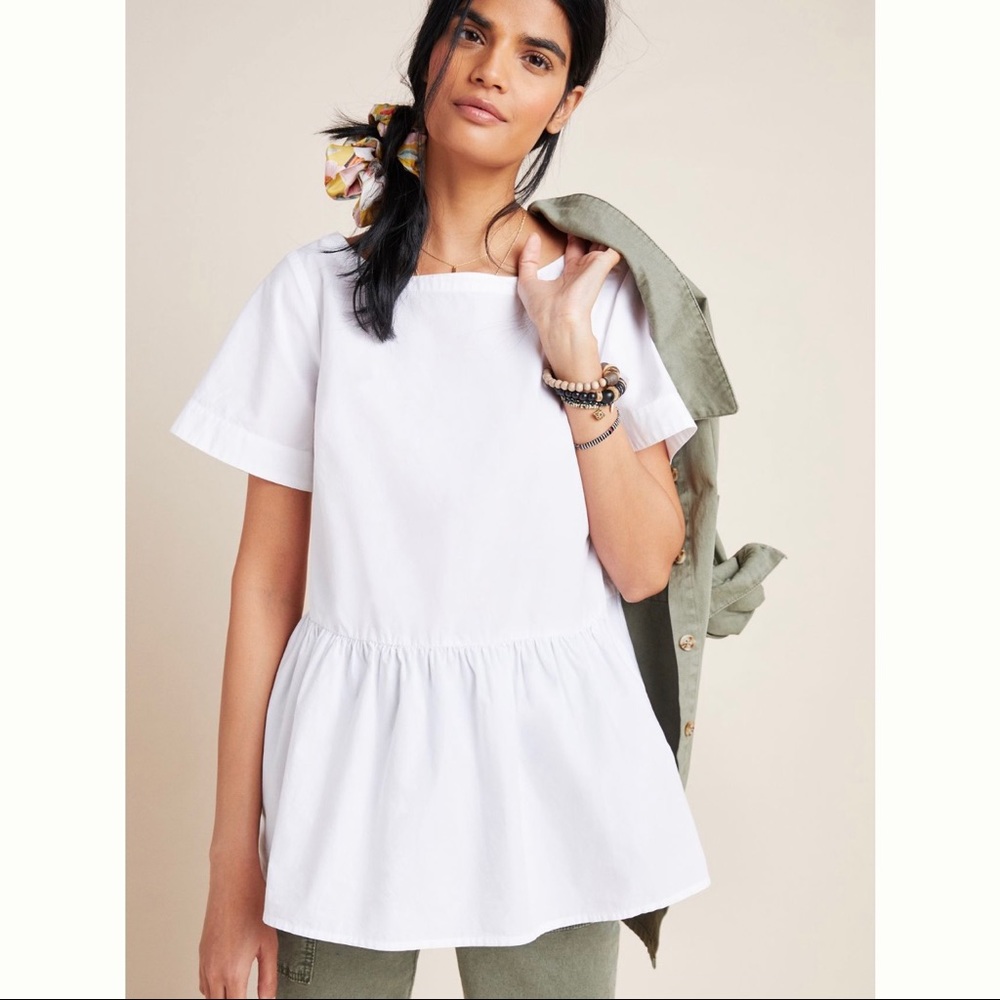 Anthropologie Maeve White Darla Poplin Ruffle Swing Blouse Size Medium